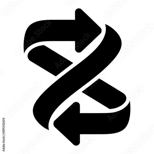 Minimalist Black Icon of Two Intertwined Arrows Representing Rotation, Exchange, and Continuous Cycle, Isolated on a White Background for Graphic Design and Web Use.