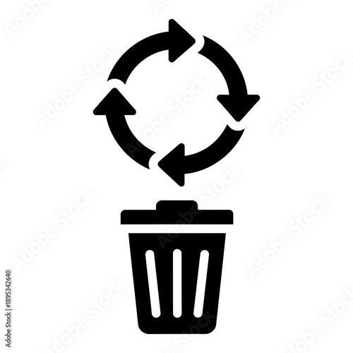 Minimalist black recycling icon featuring a trash can with a circular arrow cycle above it, symbolizing sustainable waste management and environmental protection on white.
