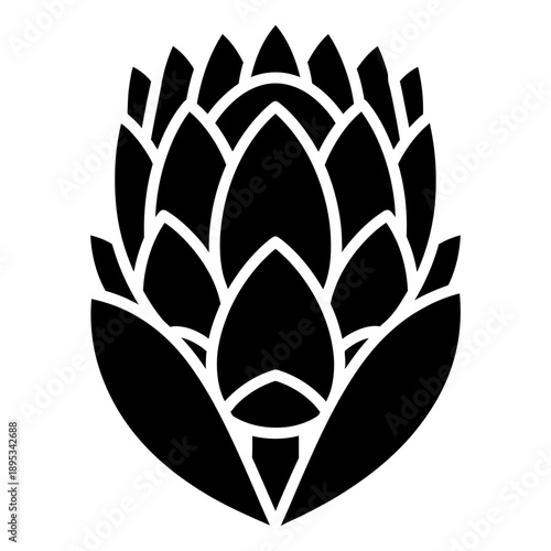 Protea flower vector icon. Black silhouette of King Protea blossom isolated on white background. Stylized botanical illustration of South African national flower.