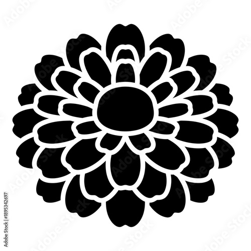 Black and white flower silhouette icon isolated on white background. Simple floral vector illustration of a blooming chrysanthemum or dahlia with rounded petals for design.