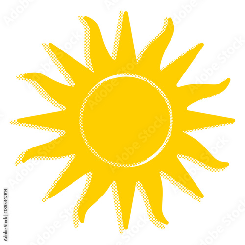 Yellow sun with wavy rays and dotted halftone shadow clip art