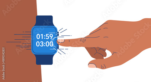 Hand Tapping Smartwatch Screen for Timer Start. Digital Wearable Technology Interaction and Fitness Tracking Concept Illustration.
