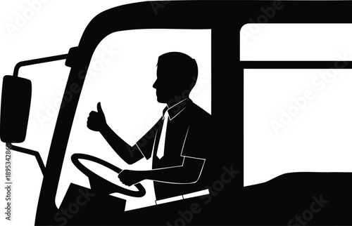 Bus driver giving thumbs up inside vehicle silhouette