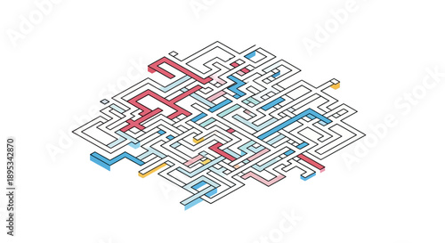 Abstract Isometric Maze/Labyrinth. Complex Geometric Network and Flow Structure. Problem Solving, Decision Making, and System Connections Concept.