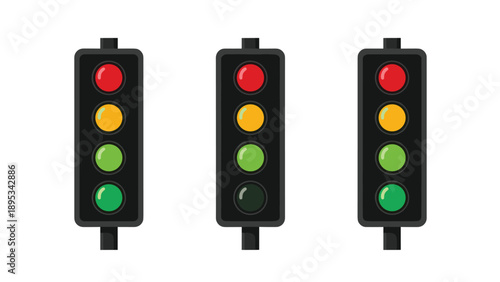 Traffic light illustration set showing red, yellow, and green signals to demonstrate road safety and transportation control rules.