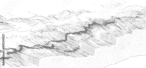 Abstract topographic map rendering with contour lines and stippling depicting mountainous terrain and valleys