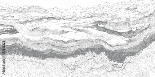 Detailed grayscale topographic map of layered geological formations and undulating terrain with distant trees