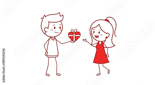 Cartoon illustration of a boy giving a heart-shaped gift to a girl, symbolizing love, romance, and special occasions.