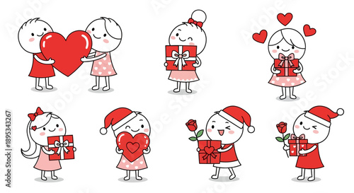 Cute cartoon characters celebrating love and gift-giving with hearts and presents, some wearing Santa hats, perfect for Valentine's Day or Christmas.