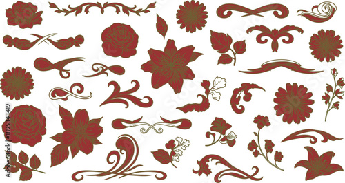 described features a collection of decorative floral elements rendered in a warm brown color. This choice of color gives the design an earthy and natural feel, making it versatile for various applicat