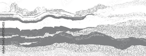 Cross section of geological strata showing layered rock formations and sedimentary deposits in grayscale