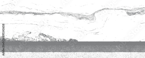 Abstract grey and white textured landscape with layered geological formations and water