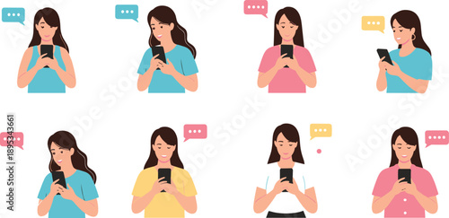 Young women using smartphones with chat bubbles social media messaging concept flat vector illustration set