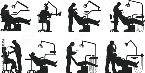 Dentist and patient silhouettes set showing dental treatment procedures, medical healthcare icons collection for clinic, oral care, hygiene and professional dentistry concepts isolated on white 