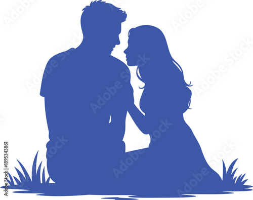 Blue silhouette couple looking at each other on grass