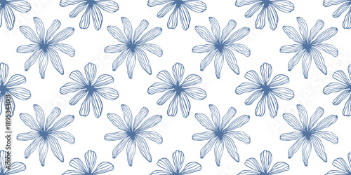 Daisy flower seamless pattern. Retro background of blue outline floral element. Botanical print of vector illustration sketch chamomile plant for fabric, home decor, linen, wrapping paper, tablecloth 