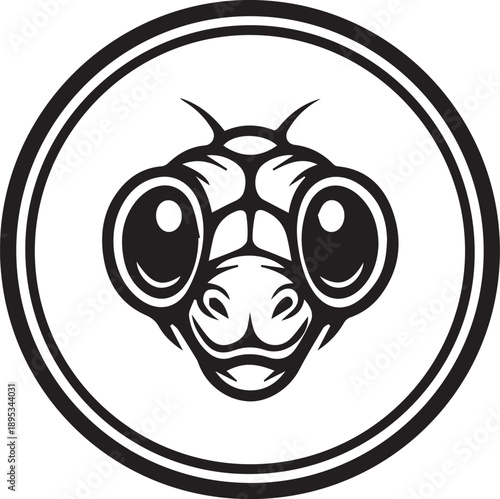 Praying Mantis Portrait Emblem Minimalist Black and White Circular Logo of an Alien-Like Insect Face with Large Expressive Eyes
