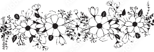 Floral border vector illustration featuring hand drawn wild flowers and garden leaves line art decor