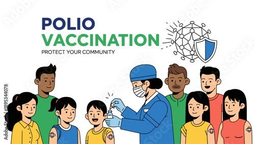Polio vaccination campaign poster with medical worker and children illustration, public health and immunization concept