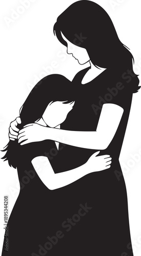 Mother embracing sad child in silhouette, vector illustration for emotional support and comfort concepts