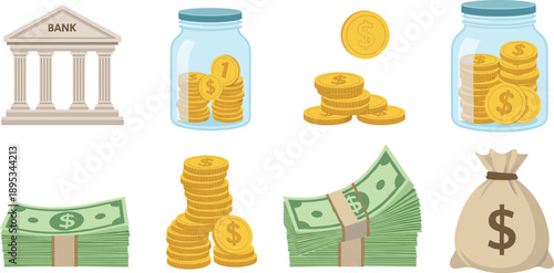 Banking and savings illustration set with bank building coin jars stacks cash bundles and money bag flat vector
