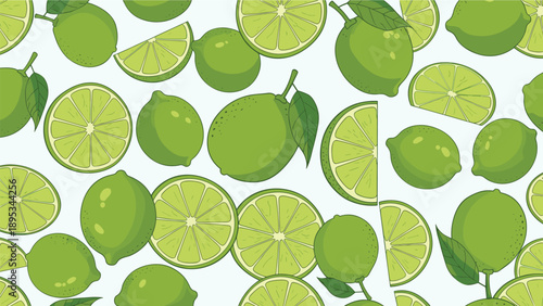 Bright and fresh seamless pattern of green limes with whole fruits and juicy slices, ideal for summer themed textiles and wrapping paper.
