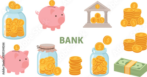 Banking and savings illustration set with piggy bank coins jars stacks and cash money flat vector design
