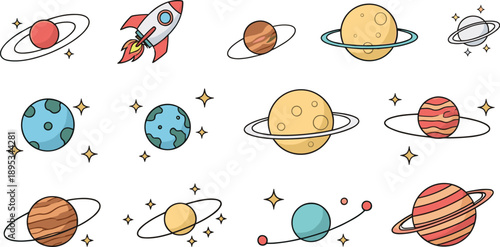 Cartoon space planets and rocket elements set with stars and rings for astronomy education vector illustration