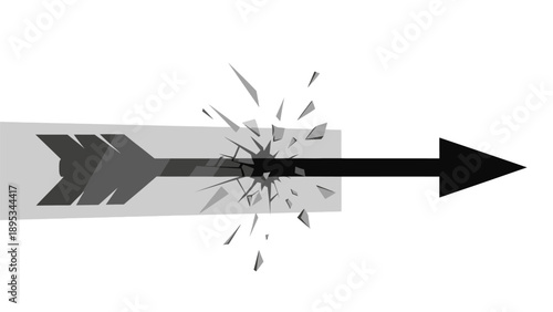 Black arrow breaking through a glass barrier illustration, concept of breakthrough, success, and overcoming obstacles.