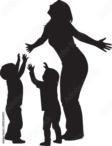 Mother with two children vector illustration, happy family playing together, parent reaching out arms, fun outdoor