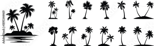 Palm tree silhouette, tropical island vector, beach graphic, summer design, nature illustration, exotic landscape, travel icon, hammock scene, paradise view