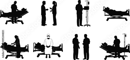 Silhouette illustrations of hospital scenes showing medical professionals and patients in various healthcare interactions, ideal for medical, hospital, and healthcare-themed vector content.