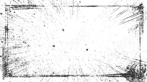 Black and white distressed grunge texture with scattered dots and scratches forming a rectangular frame