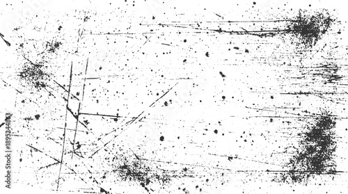 Black ink splatters and scratches on a white textured background grunge