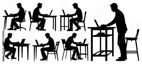 Men Working on Laptop at Desk in Sitting and Standing Positions Set, Transparent Background