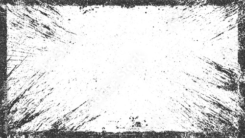 Black and white distressed grunge border with scattered speckles and diagonal scratches