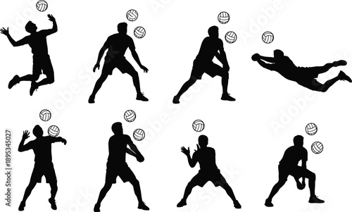 Silhouettes of volleyball players in dynamic action poses with flying balls, showcasing athletic movements, teamwork, and sports energy for training, design, or educational use.