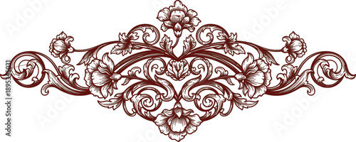 described features a symmetrical floral scroll design characterized by its dark reddish-brown color against a clean white background. This contrast enhances the visual impact of the design, making the