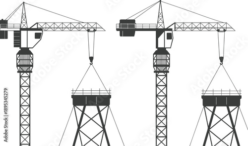 Tower cranes lifting industrial structures, construction silhouette, black vector art, heavy equipment, scaffolding scene, engineering site, industrial operation