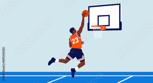 Basketball player in mid-air dunking on an outdoor court with a hoop and net viewed from the side