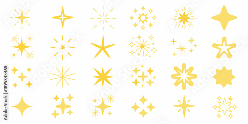 Collection of golden starbursts and sparkles on a white background