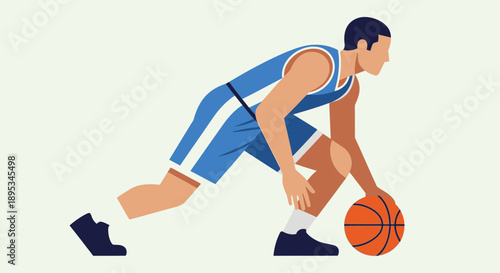 A male basketball player in blue uniform dribbling ball on court from a side view in an indoor sports arena