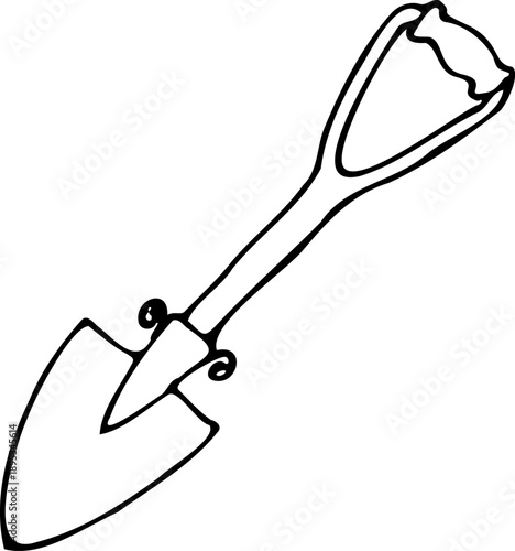 Vector line illustration of a hand drawn garden shovel isolated on a white background.