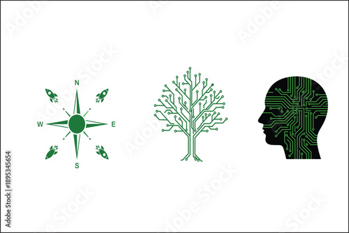 futuristic technology icons with digital brain and circuit tree. 
