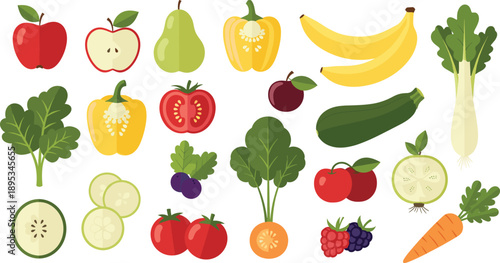 Fresh fruits and vegetables illustration set with apples bananas tomatoes carrots and greens flat vector elements