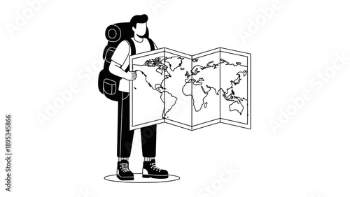 Backpacker Traveler Holding World Map Illustration.