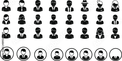 Business avatar icon set, male female profile silhouettes, professional people symbols, user account icons, flat vector illustration isolated