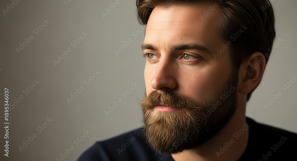 Obraz premium Young man with beard looking thoughtfully in soft light 