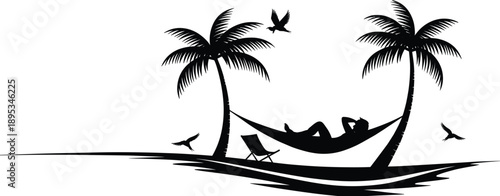 Tropical beach hammock scene, palm trees, relaxing person silhouette, summer vacation vector, peaceful island shore black and white illustration