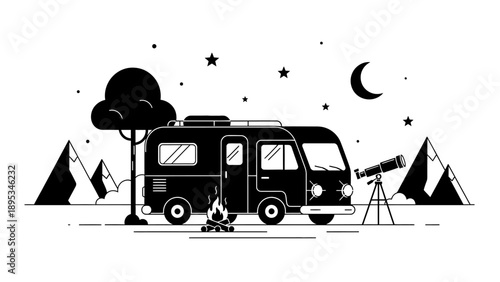 RV camping under starry night sky with telescope and campfire illustration.